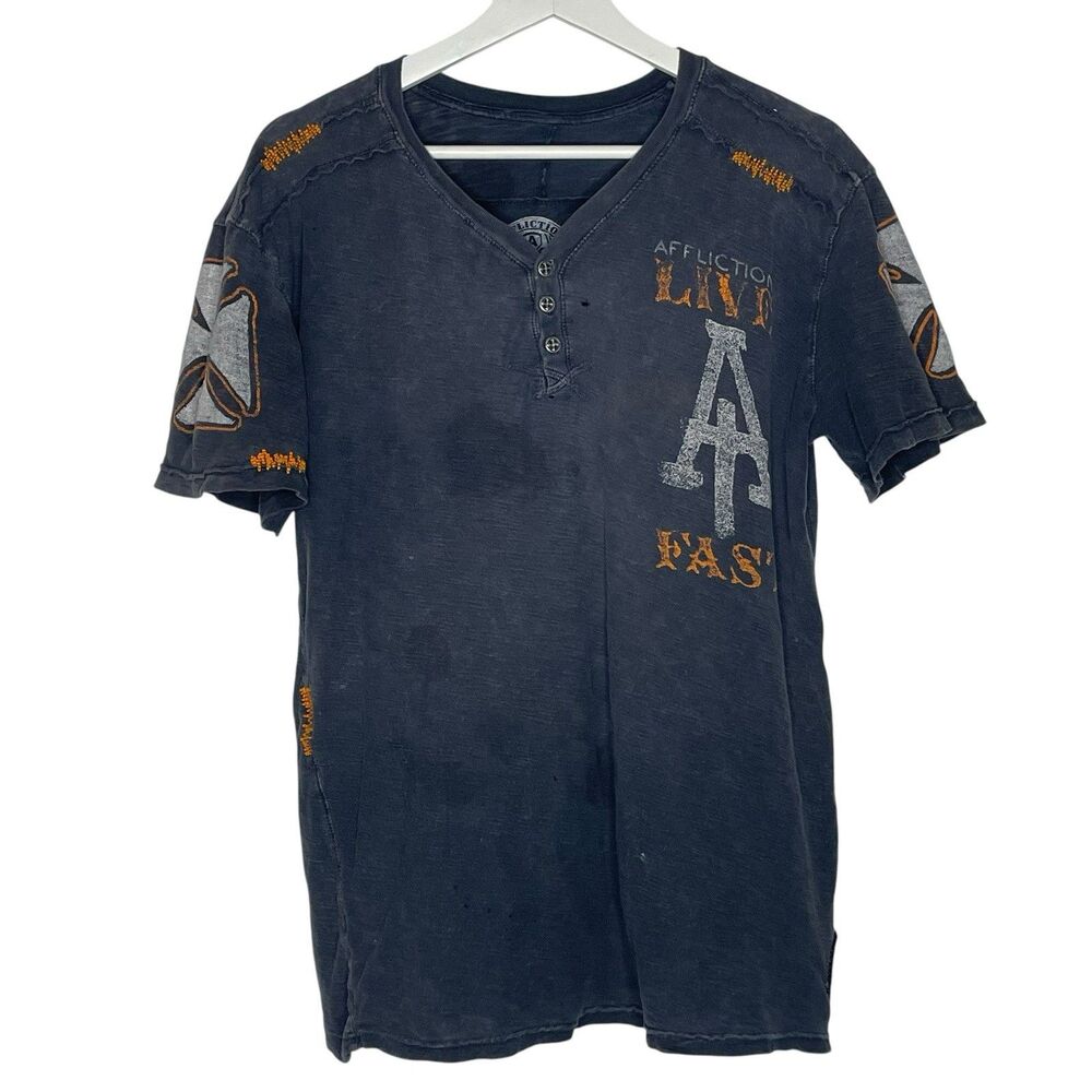 Vintage Affliction American Custom Shirt Men’s Medium Grey Orange Distressed